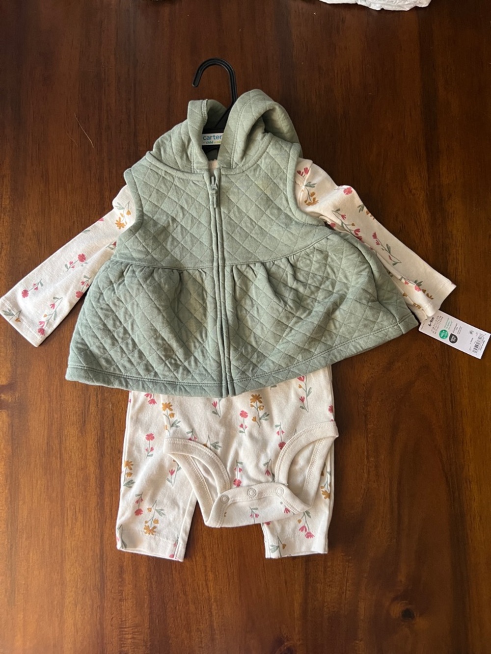 Carter's Sage Quilted Hooded Vest with Floral Long Sleeve Onesie & Pant Set